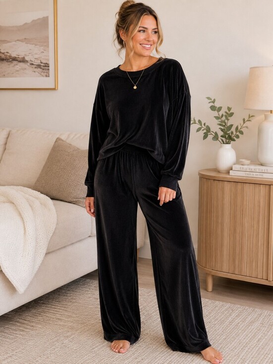 Joyspun Pants - Joyspun Women’s XL 16-18 Black Velour Ribbed Lounge Set Wide Leg Pants